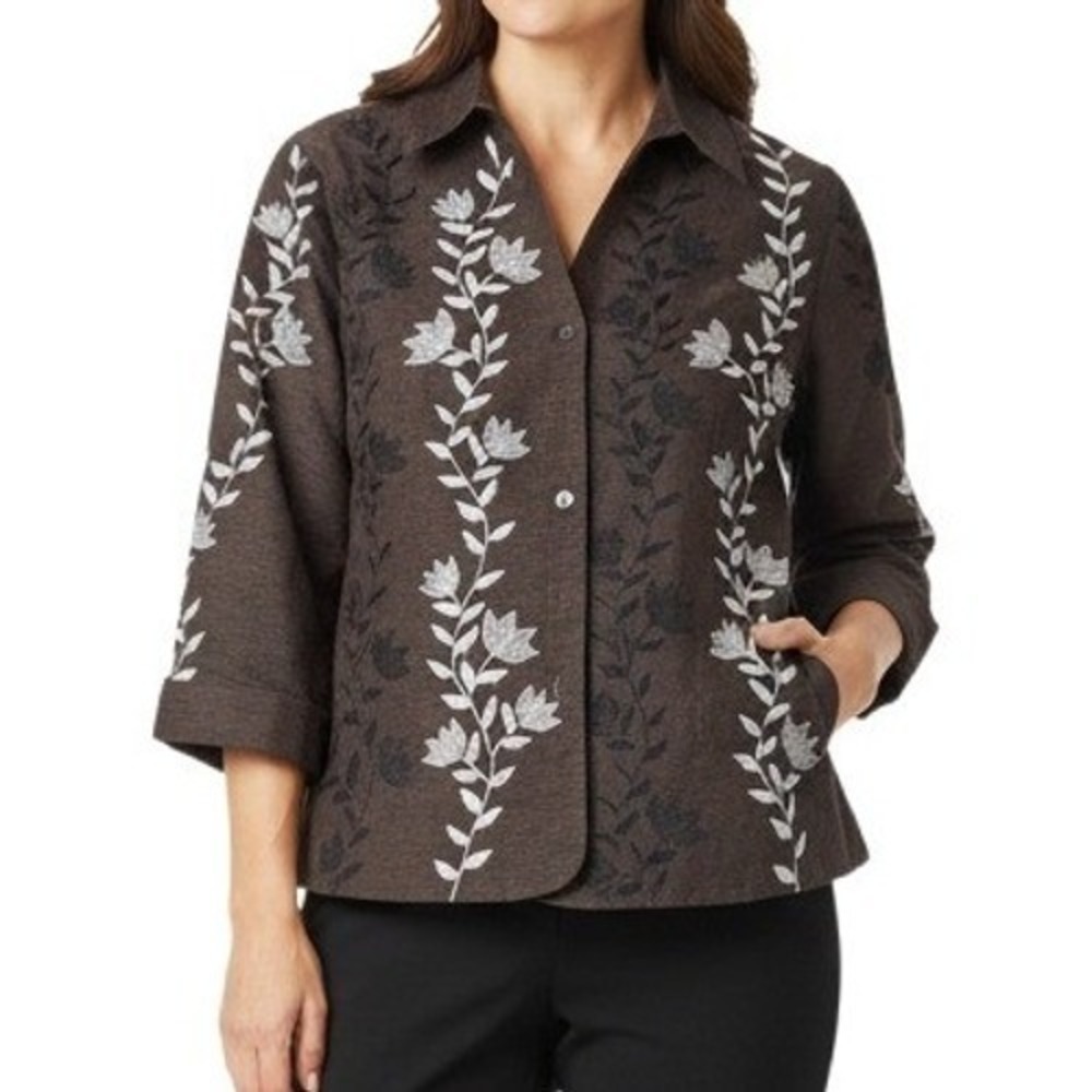 SCOTT TAYLOR Women's Brown Floral Embroidered Silk Blend Jacket Size L